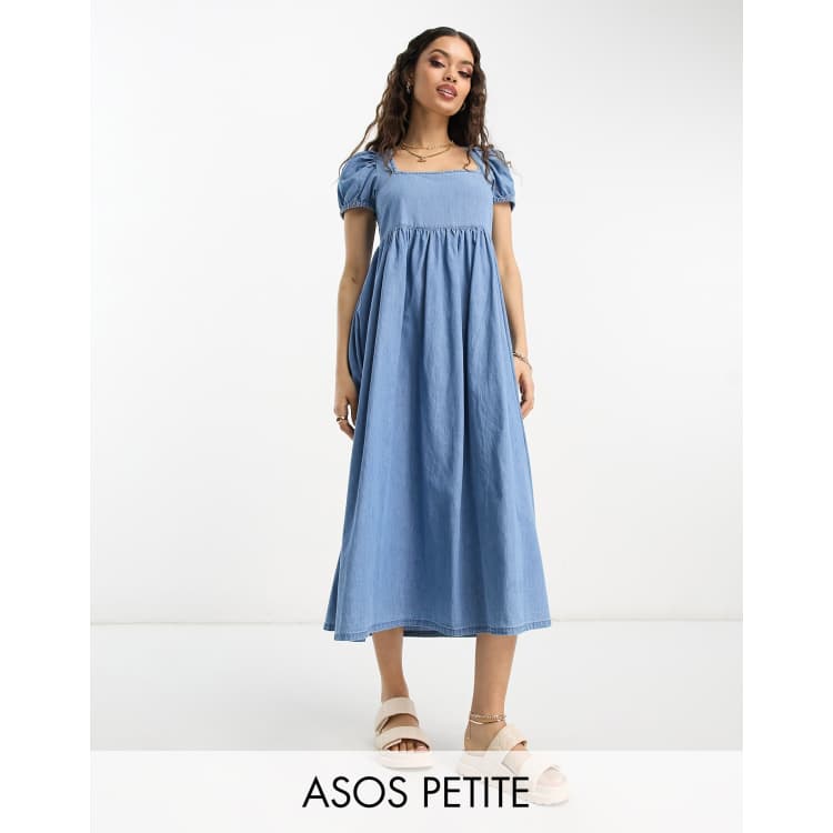 ASOS DESIGN Petite soft denim midi dress with puff sleeve in lightwash blue ASOS