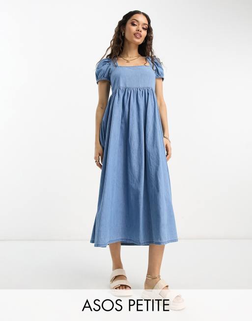 ASOS DESIGN Petite soft denim midi dress with puff sleeve in