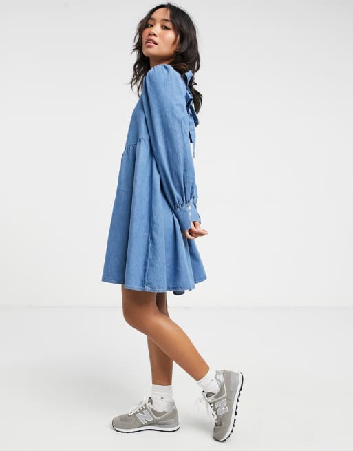 ASOS DESIGN Petite soft denim puff sleeve smock dress in midwash
