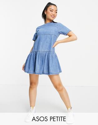 ASOS DESIGN Petite soft denim smock t shirt dress in midwash