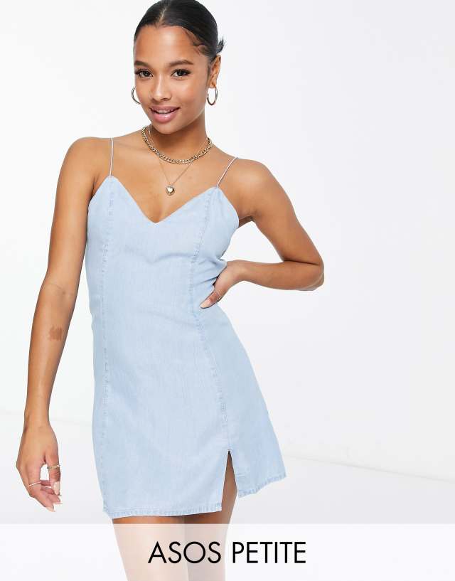 ASOS DESIGN Petite soft denim strappy slip dress in midwash