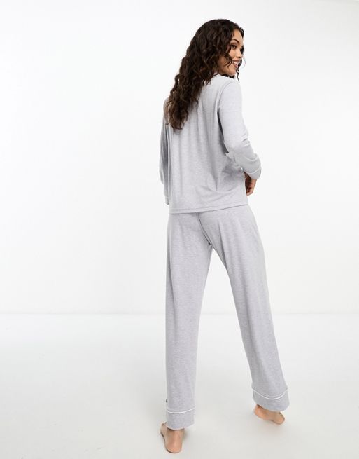 ASOS DESIGN Maternity long sleeve shirt & pants pajama set with contrast  piping in gray
