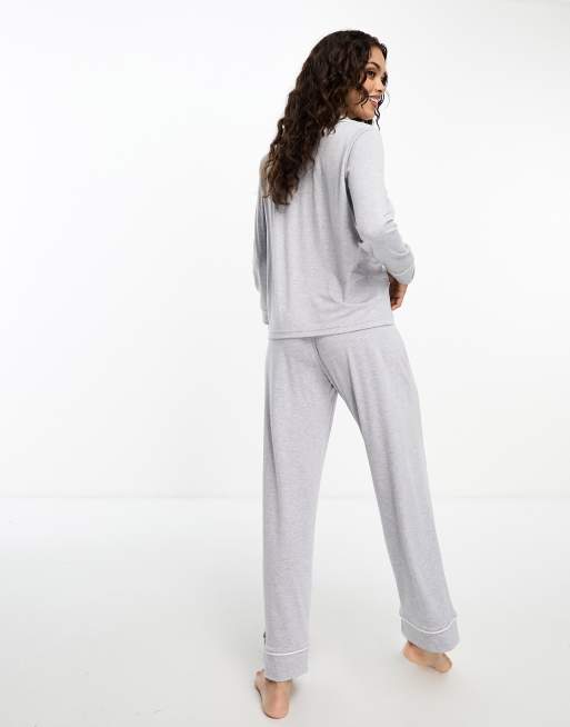 ASOS DESIGN Petite soft jersey long sleeve shirt & trouser pyjama set with  contrast piping in grey marl