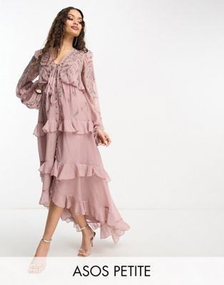 ASOS DESIGN Petite soft midi dress with button front and trailing floral embellishment in blush-Pink