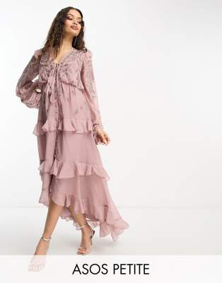 Asos Design Petite Soft Midi Dress With Button Front And Trailing Floral Embellishment In Blush-Pink