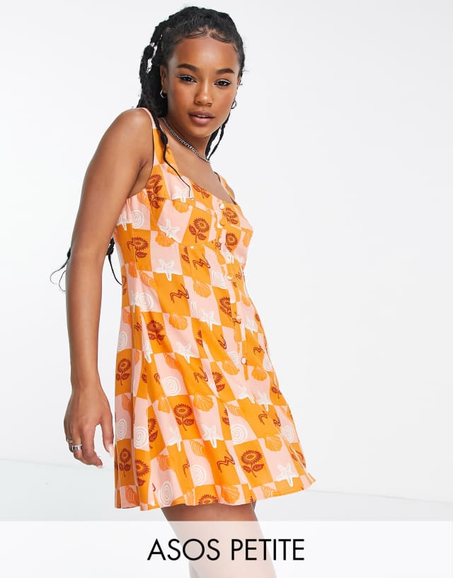 ASOS DESIGN Petite soft mini sundress with bust detail in shell print