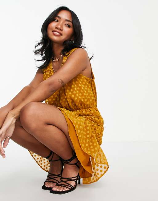 ASOS DESIGN Petite soft sleeveless mini dress with ruched skirt in dobby in mustard, 4 of 4