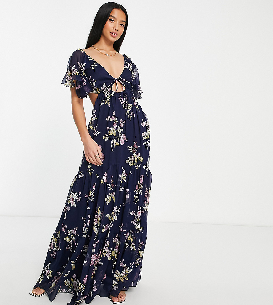 ASOS DESIGN Petite soft tiered maxi dress with tie front in print-Multi