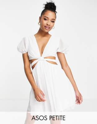 ASOS DESIGN Petite soft tiered mini dress with tie waist detail in white