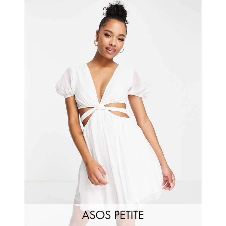 ASOS DESIGN Petite soft tiered mini dress with tie waist detail in white |  ASOS