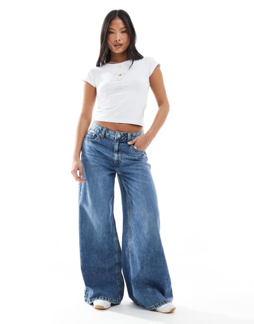 ASOS DESIGN Petite soft wide leg jean in midwash blue