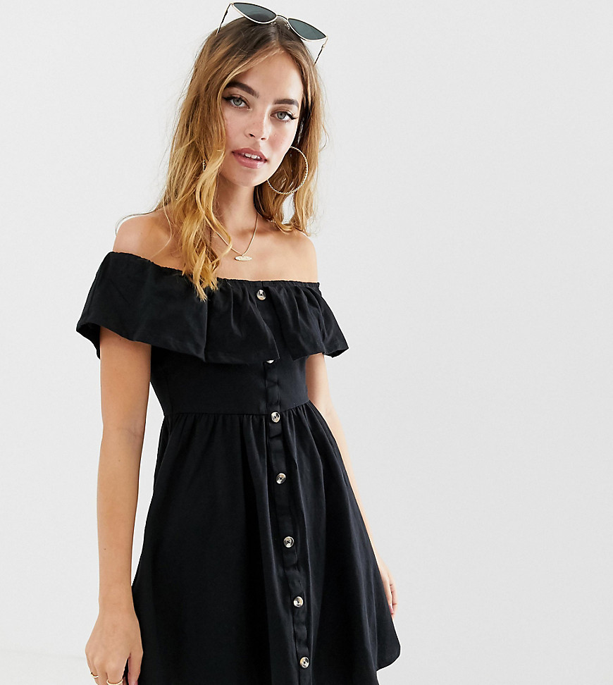 ASOS DESIGN Petite – Solklänning i minilängd med knäppning och kjol i flera lager-Svart