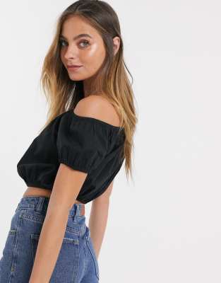 Asos Design Petite Sommerliches Schulterfreies Oberteil Aus Baumwolle In Schwarz Asos