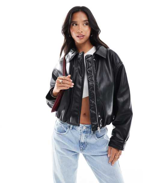 ASOS DESIGN Petite - Sort enkel bomber-jakke med læderlook - view 1