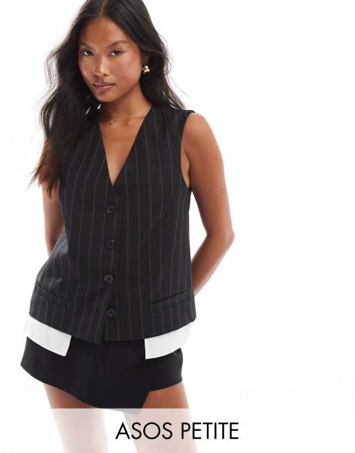 ASOS DESIGN Petite - Sort habitvest med striber og synlig lomme