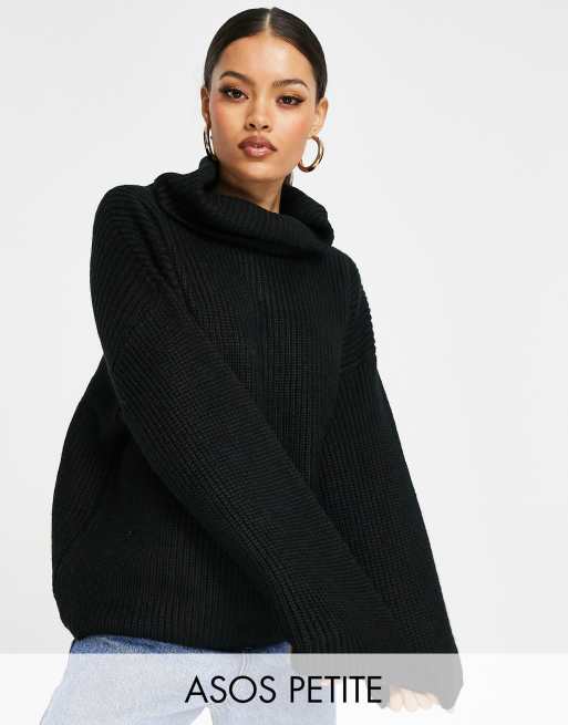 ASOS DESIGN Petite - Sort højhalset ribstrikket trøje