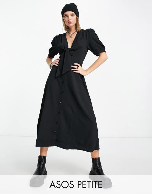 ASOS DESIGN Petite - Sort midikjole med bindebånd foran og knapper