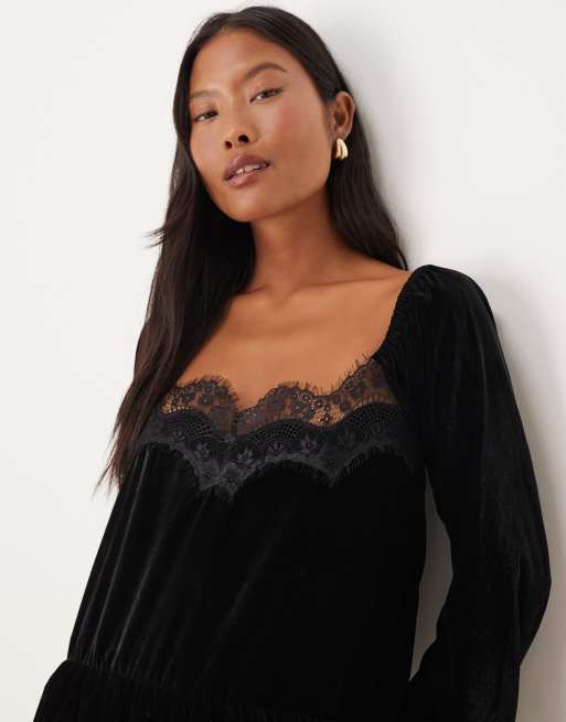 ASOS DESIGN Petite - Sort minikjole med hjerteformet hals og lange ærmer i velour, 4 af 4