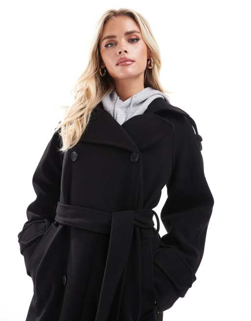 ASOS DESIGN Petite - Sort og elegant trenchcoat i imiteret uld, 3 af 4