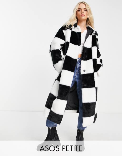 ASOS DESIGN Petite - Sort og hvid oversized frakke i imiteret pels