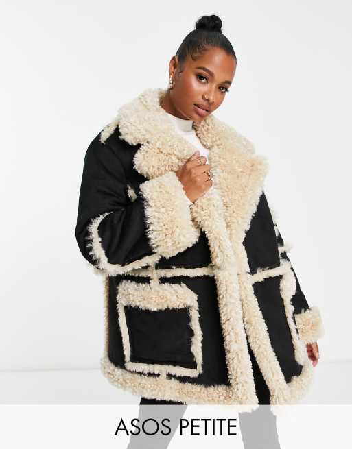 ASOS DESIGN Petite - Sort oversized aviator-jakke i bonded imiteret lammeskind 