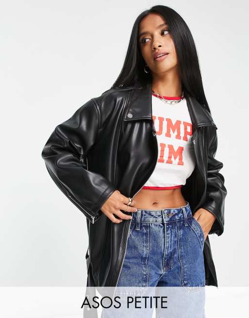 ASOS DESIGN Petite - Sort oversized longline bikerjakke i imiteret læder