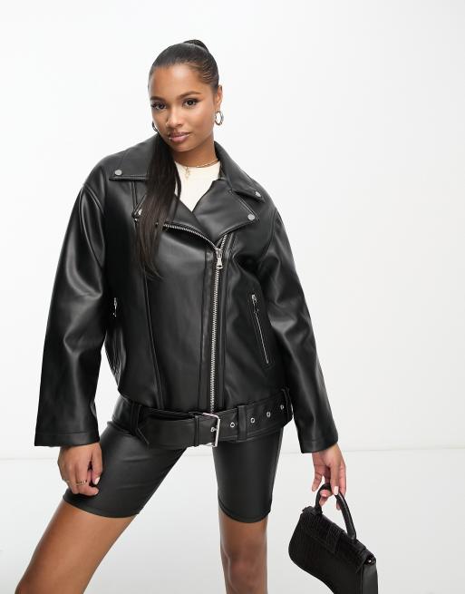 ASOS DESIGN Petite - Sort oversized longline bikerjakke i imiteret læder, 4 af 4