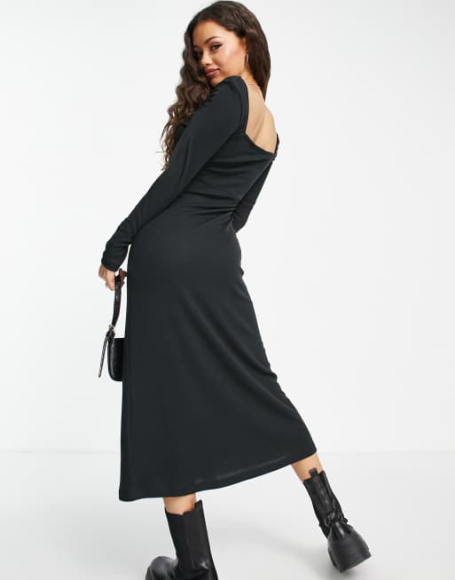 ASOS DESIGN Petite - Sort ribstrikket midikjole med lange ærmer og hjerteformet hals, 2 af 4