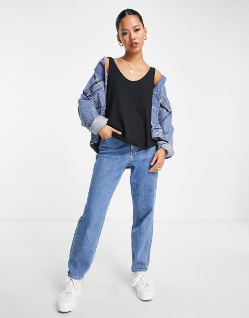 ASOS DESIGN Petite - Sort top med dyb rund hals i bomuldsblanding - BLACK, 4 af 4