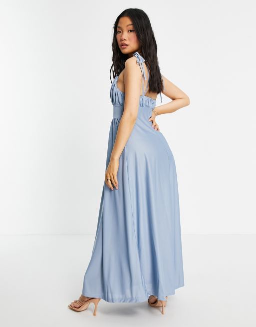 ASOS DESIGN Petite spaghetti strap ruched bust maxi dress in dusky blue