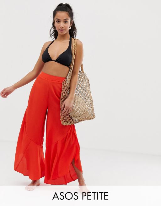 ASOS DESIGN Petite split frill wide leg beach trouser in burnt