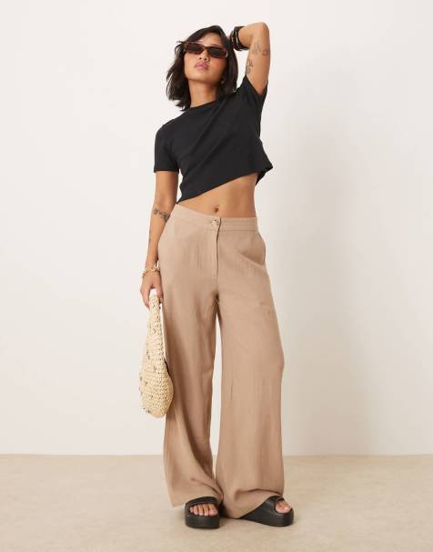 ASOS DESIGN Petite relaxed straight leg trousers with linen in mocha
