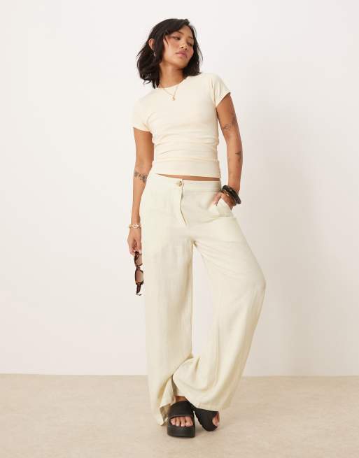 ASOS DESIGN Petite – Spodnie z prostymi nogawkami o luźnym kroju z dodatkiem lnu w kolorze złamanej bieli