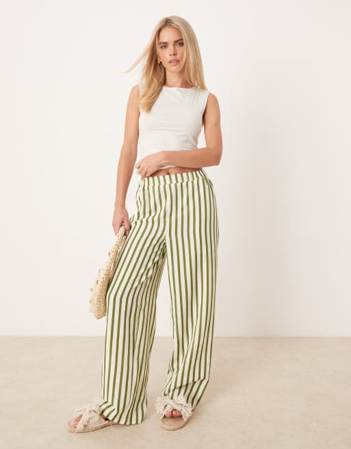 ASOS DESIGN Petite – Spodnie z prostymi nogawkami z kory w paski w kolorze khaki