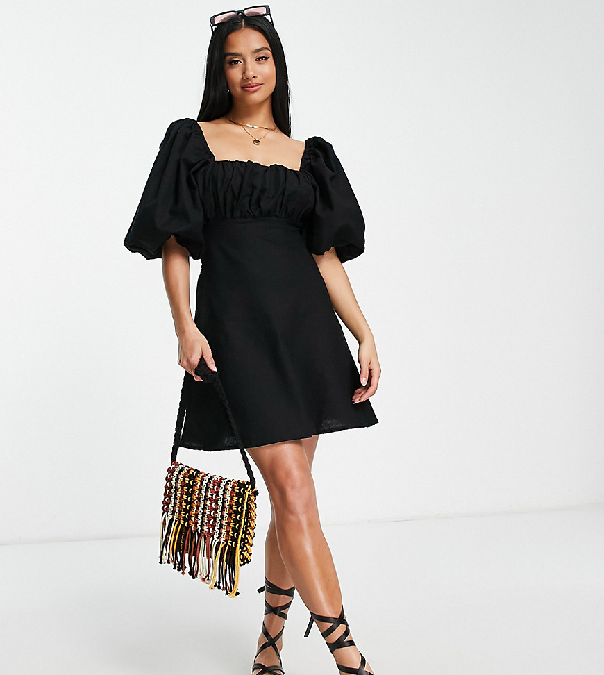Asos Design Petite Square Neck Mini Dress With Elastic Detail In Linen In Black