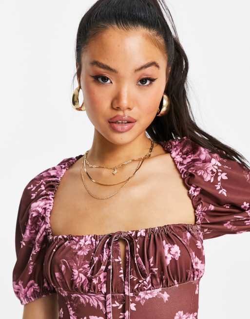 ASOS DESIGN Petite square neck mini dress with tie back in rose print, 2 of 4