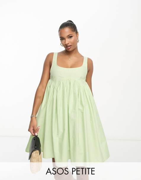 ASOS DESIGN pleated babydoll mini dress with oversized cutwork sleeve in  pale green