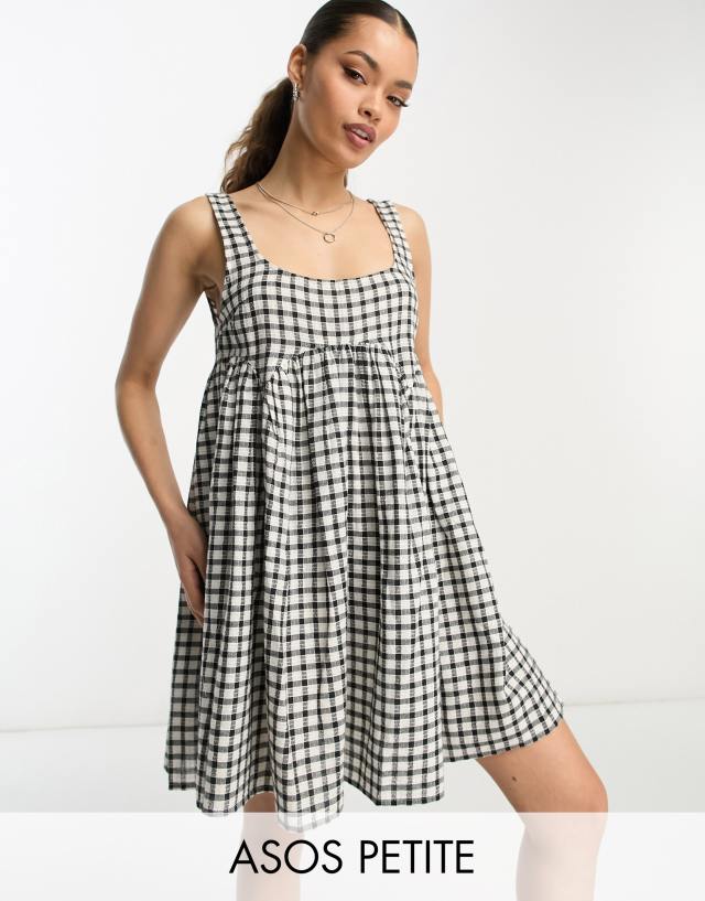 ASOS DESIGN Petite square neck mini smock sundress in monochrome gingham