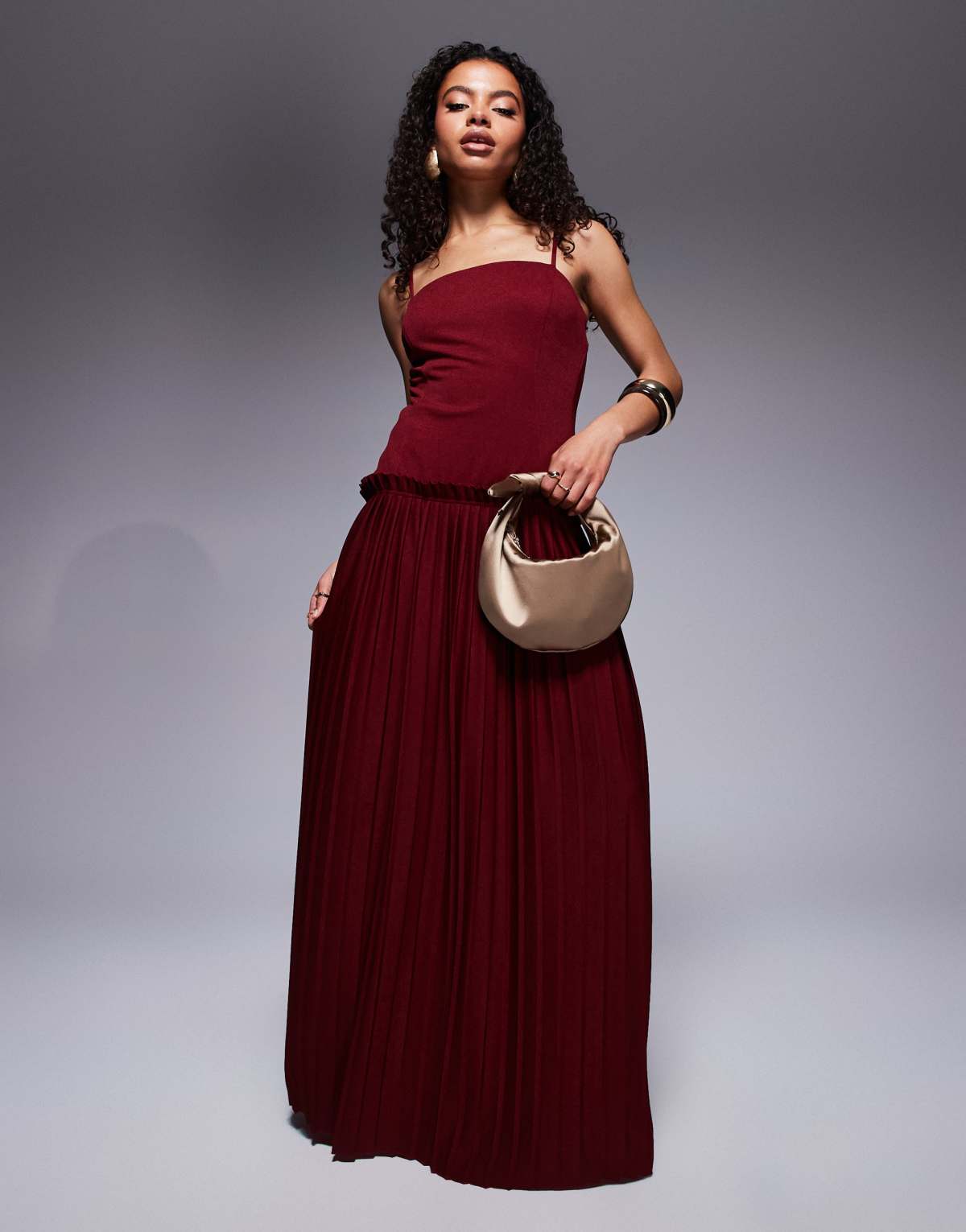 ASOS DESIGN Petite square neck pleated maxi dress with dropped waist in wine