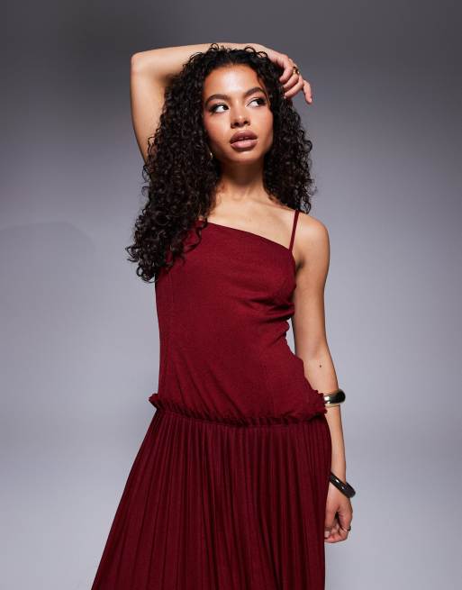 ASOS DESIGN Petite square neck pleated maxi dress with dropped waist in wine