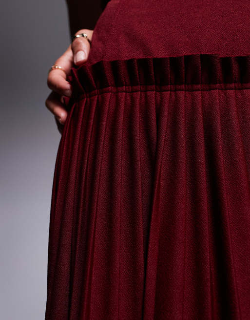ASOS DESIGN Petite square neck pleated maxi dress with dropped waist in wine