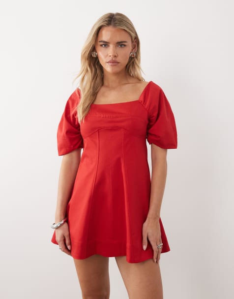 ASOS DESIGN Petite square neck structured cotton blend mini dress with back strap in red - view 1