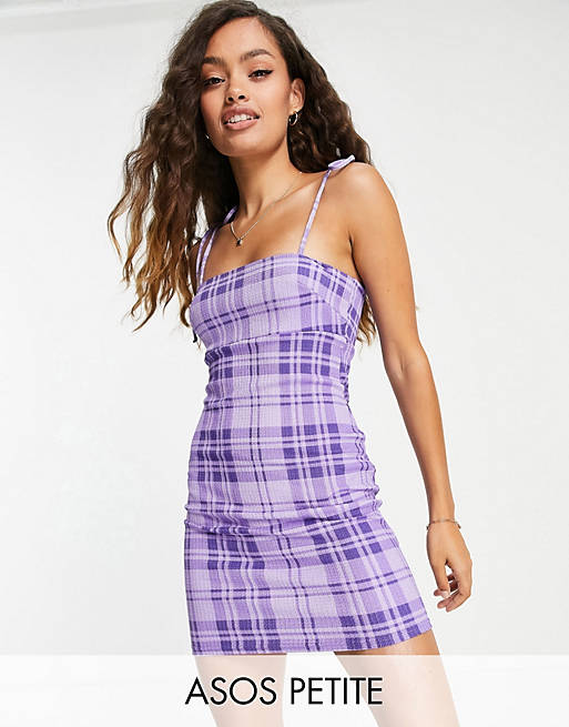 Dresses Petite square neck tie shoulder mini dress in purple check 
