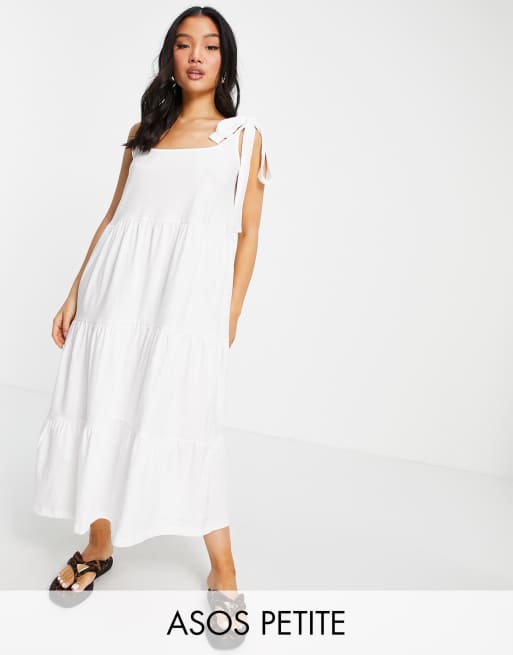 ASOS DESIGN Petite square neck tie shoulder tiered maxi dress in white