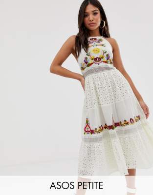 ASOS DESIGN Petite square neck tiered midi dress with lace and embroidery-White