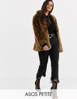 ASOS DESIGN Tall stand collar faux fur coat in brown