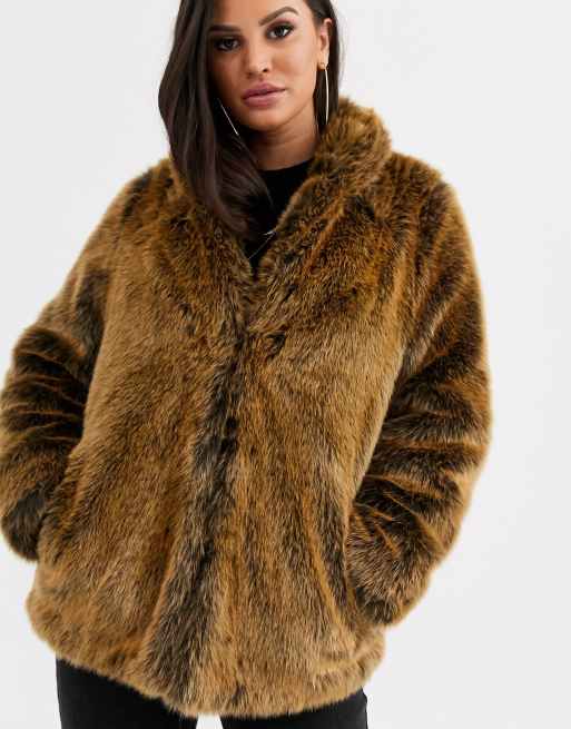 ASOS DESIGN Tall stand collar faux fur coat in brown