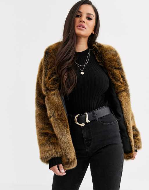 ASOS DESIGN Tall stand collar faux fur coat in brown