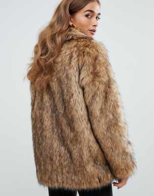 ASOS DESIGN Tall stand collar faux fur coat in brown