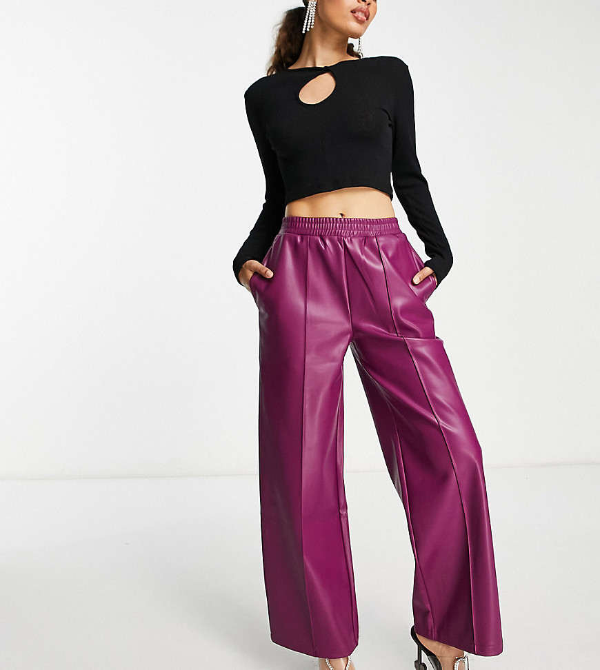 Asos Design Petite Straight Faux Leather Jogger Pants In Plum-red